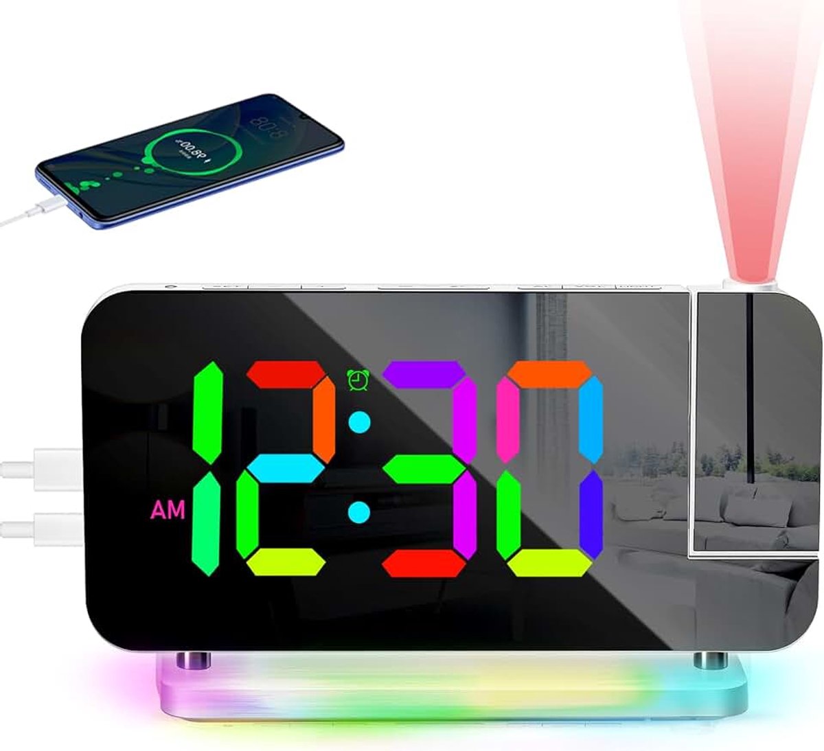 Wekker met projectie, projectiewekker met RGB-led-spiegelklok, 10 kleuren nachtlampje en 180° draaibare projector, digitale wekker met USB-C, voor slaapkamer, kinderen, kantoor