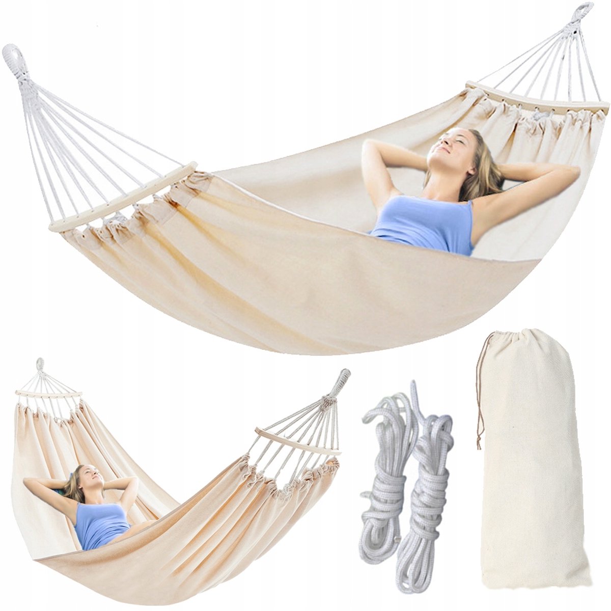 XXL Tweepersoonshangmat met Houten Spreidstok - 200kg - Beige