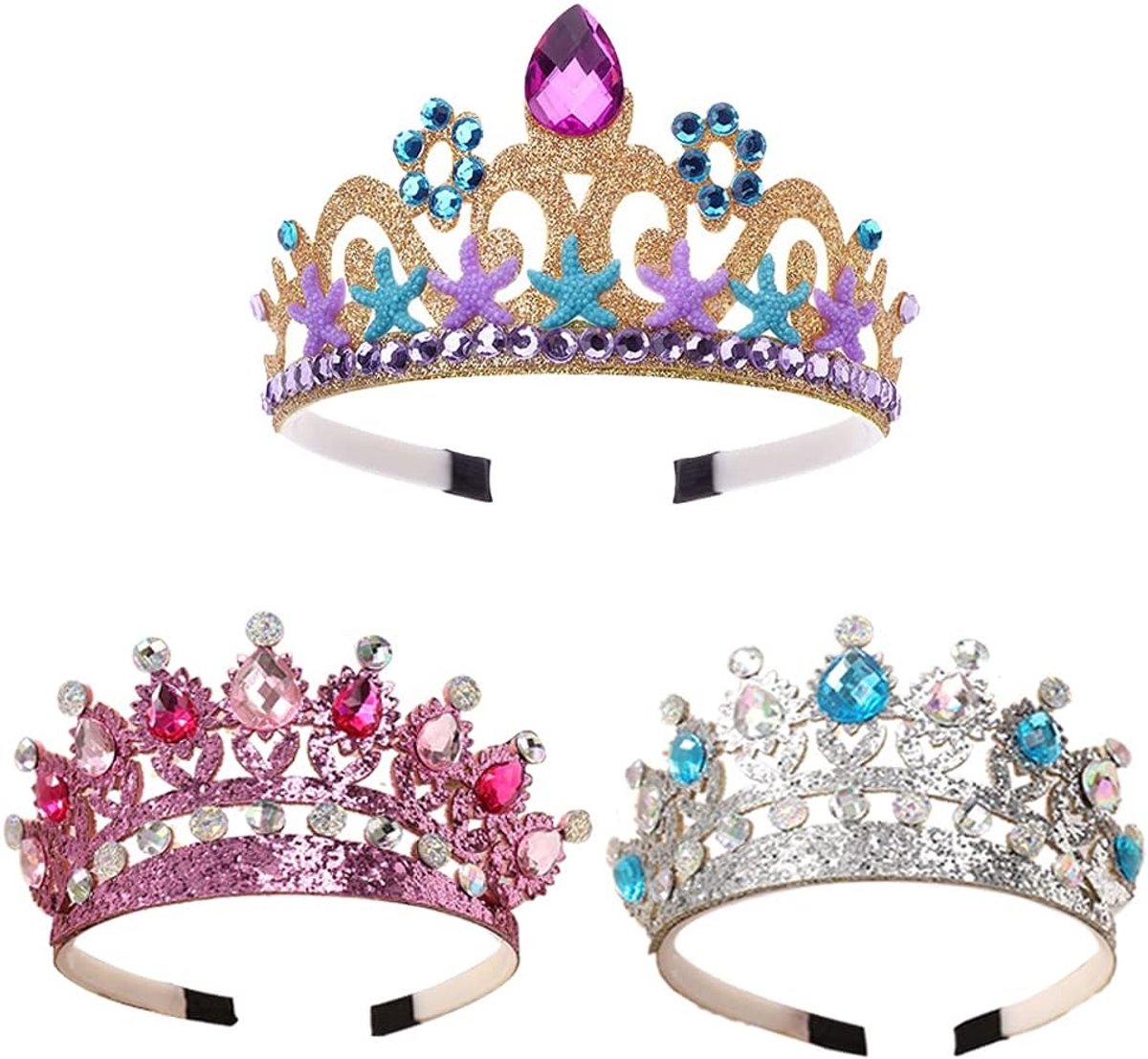 3 stuks kroon hoofdband prinses tiara kroon, kristal prinses tiara, prinses verkleden kronen hoofdband, gouden hoofdtooi, tiara, voor cosplay meisjes, verjaardagsfeest
