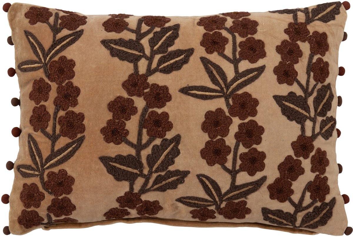 J-Line kussen Bloemen + Bladeren Rechthoek - katoen - camel/bruin