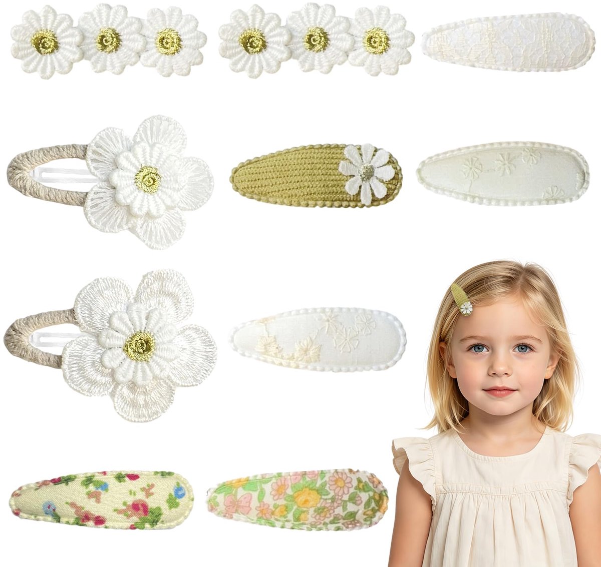 Bloem Baby Haarclipjes | Handgemaakte Haarclips | Geborduurde Madeliefjes Barrettes | Zachte Stoffen Snap Clips voor Peuter en Kind (Groen)