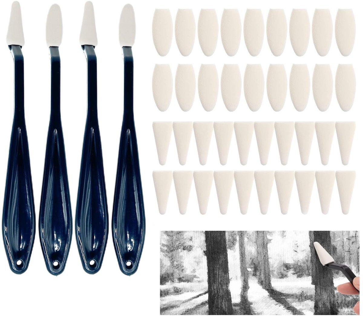 4 stuks schetspennen met 40 stuks sponskoppen, kunstenaar mengstompjes, schets tekengereedschap, potloodblender, schetspennen voor kunstenaars, pastel menggereedschap, wrijfgereedschap