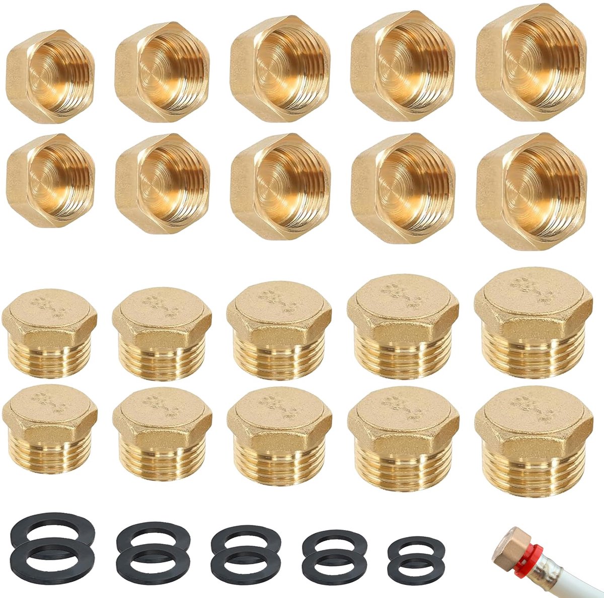 20 stuks blindstoppen, blinde stop, waterleiding, buitendraad en binnendraad, 5 maten, 1/8, 1/4, 1/2, 3/8, 3/4 inch, met 10 afdichtringen, afsluitstoppen messing, voor tuinwaterleiding