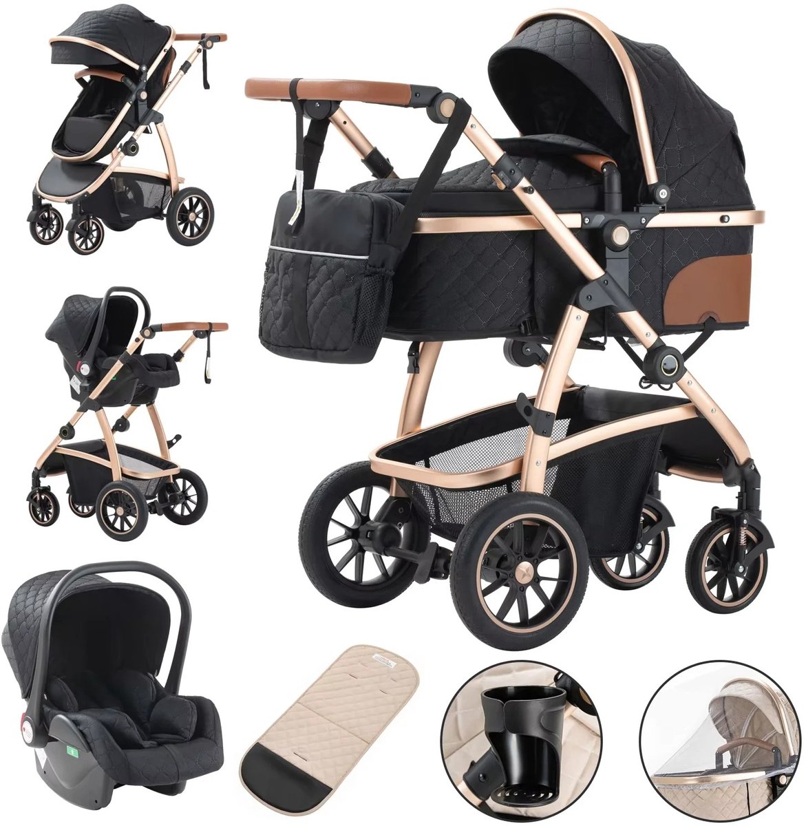 Loushops - Kinderwagen - Kinderwagen 3-in1 - Plooibuggy - Kinderwagen met zonnescherm - Verstelbare handgreep - Klamboe - Zwart