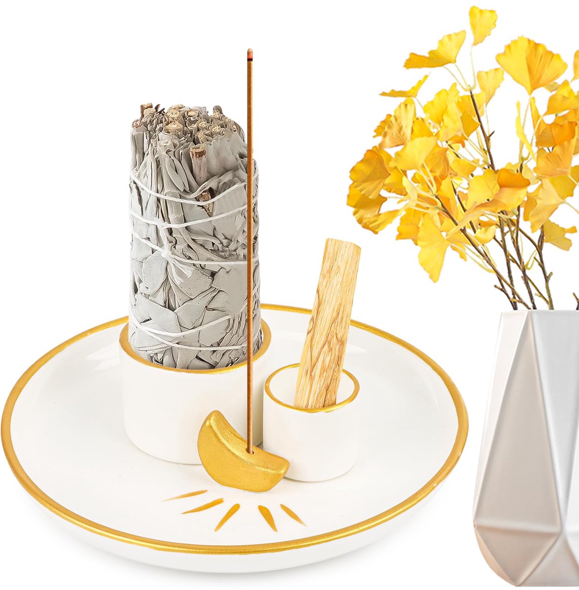maandesign, 4-in-1, Palo Santo wierookschaal, keramiek, wierookhouder, wierookschotel voor wierookwaren, Palo Santo wierookhout, salie roken, yoga, decoratie, meditatie