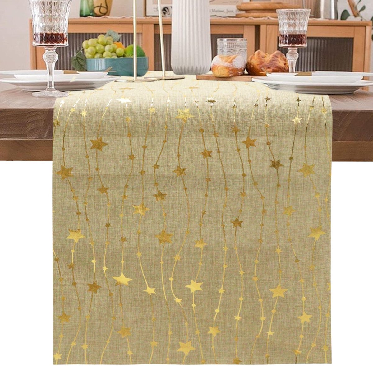 Kerstmis, 275 x 28 cm Kerstmis tafelloper, kerstdecoratie tafel, kersttafelloper goud, kerstloper tafel sterren, glitter Kerstmis tafelloper tafeldecoratie feest