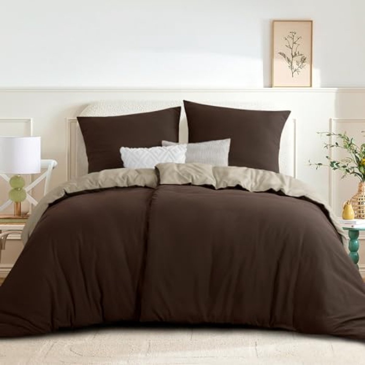 Nazik Living Beddengoed 4-delig 135x200 cm Microvezel Dubbelzijdig Strijkvrij met Ritssluiting Kaki/Bruin