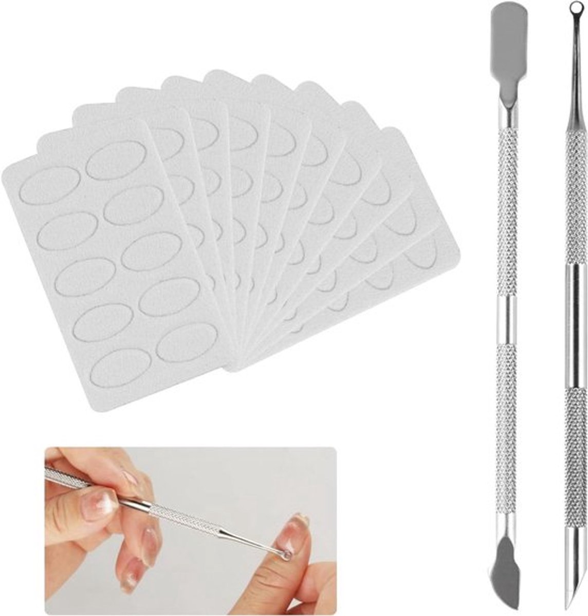 2 stuks Roestvrijstalen Nagelriemduwer en Nagelriemknipper Set met 10 Zelfklevende Schuurpapier - Nagelverzorgingsset voor Manicure