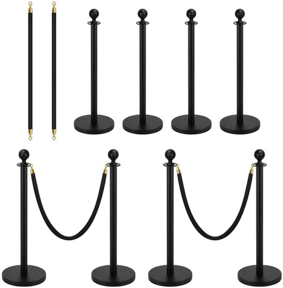 4-delige roestvrijstalen stanchion post met zwarte barrières en 2x 5FT fluwelen touw voor wachtrijbeheer, evenementen en musea
