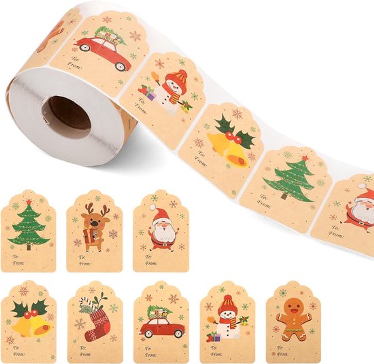 500Pcs Kerstlabels Stickers - Papieren Kerstlabels Stickers in 8 Patronen - Sneeuwman Kerstbomen Rendieren Vintage Kerstlabels voor Cadeaus