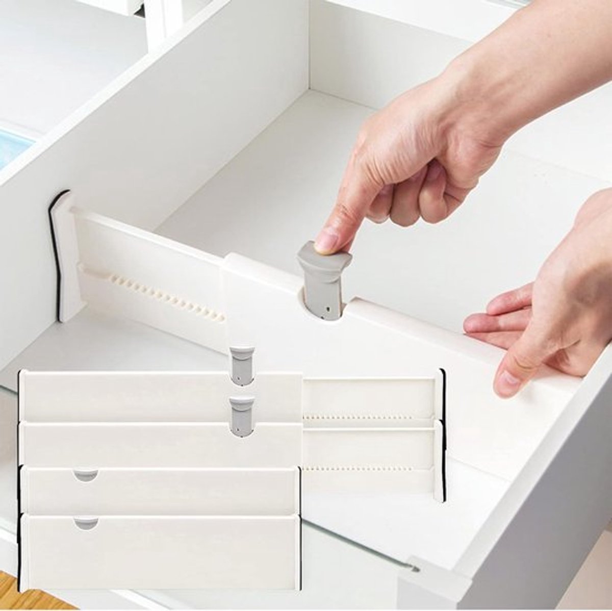 Ladeverdelers, verstelbare ladeverdelers, set van 4 afscheiders voor kledingopslag, gemaakt van gaas, ladekast, badkamer, keukenopslag, kast, kantoor, wit, 28,1 - 44,4 cm