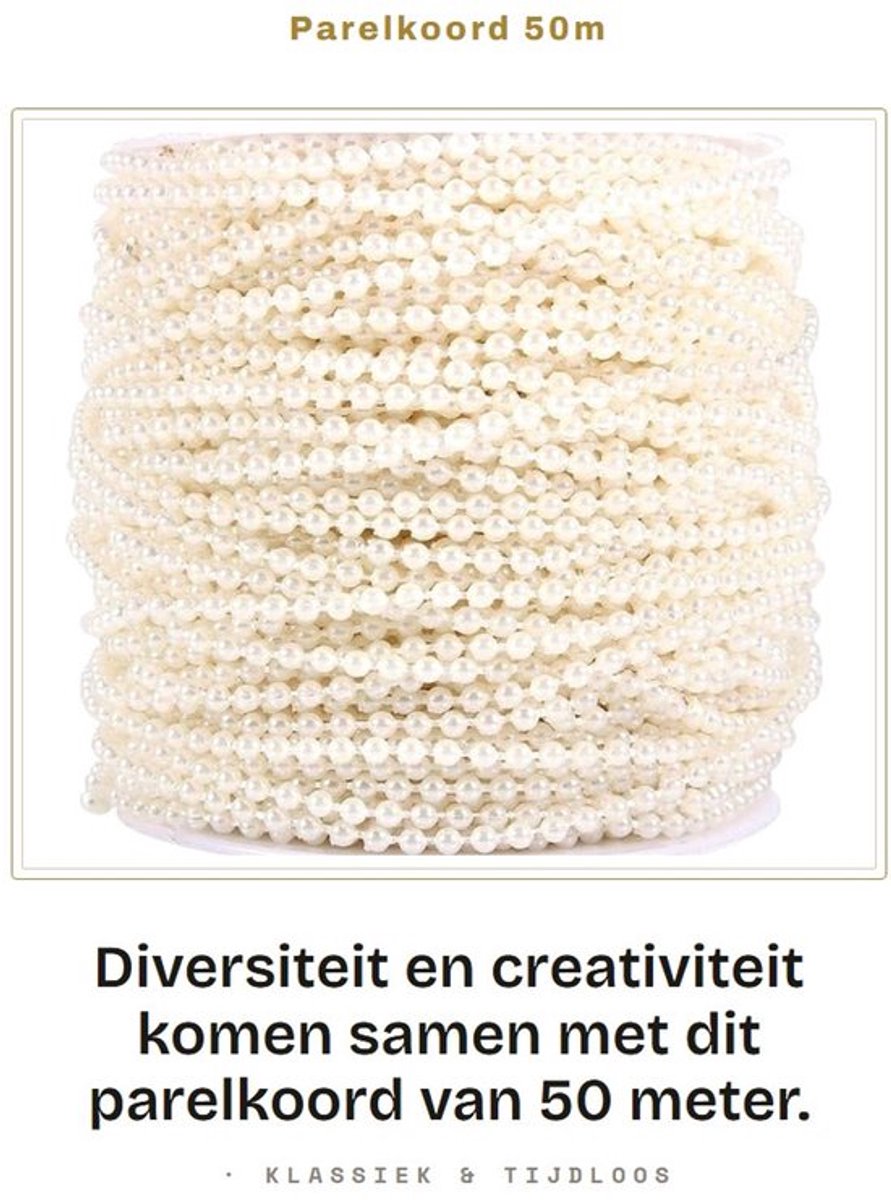 Parelkoord rol van 50 m - 3 mm kralen - Bruiloftdecoratie - DIY decoratie - Kralen voor boeketten - Kunststof kralen - Aanpasbare lengte - Kralenkoord