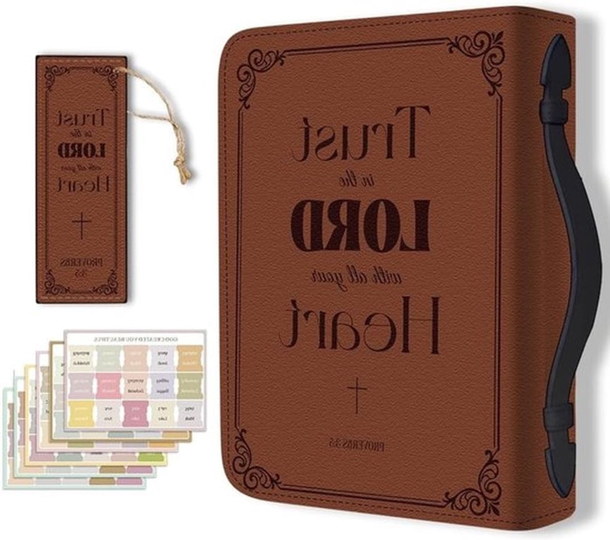 Grote Bijbelhoes van PU Leer met Boekenlegger en Draagtas voor Christelijke Notitieboeken - Bruin, Bloemmotief, Duurzaam en Stijlvol