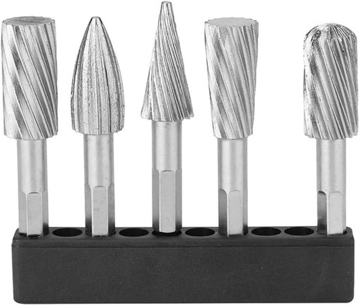 Draaivijlgereedschap - Hoge Snelheid Staal - 1/4 inch hex-schacht - Bramen verwijderen - Aluminium en ijzer - Carving en vormen - Scherpe randen verwijderen - Geschikt voor handmatig gebruik - Diverse kleuren en modellen - 5 stuks.