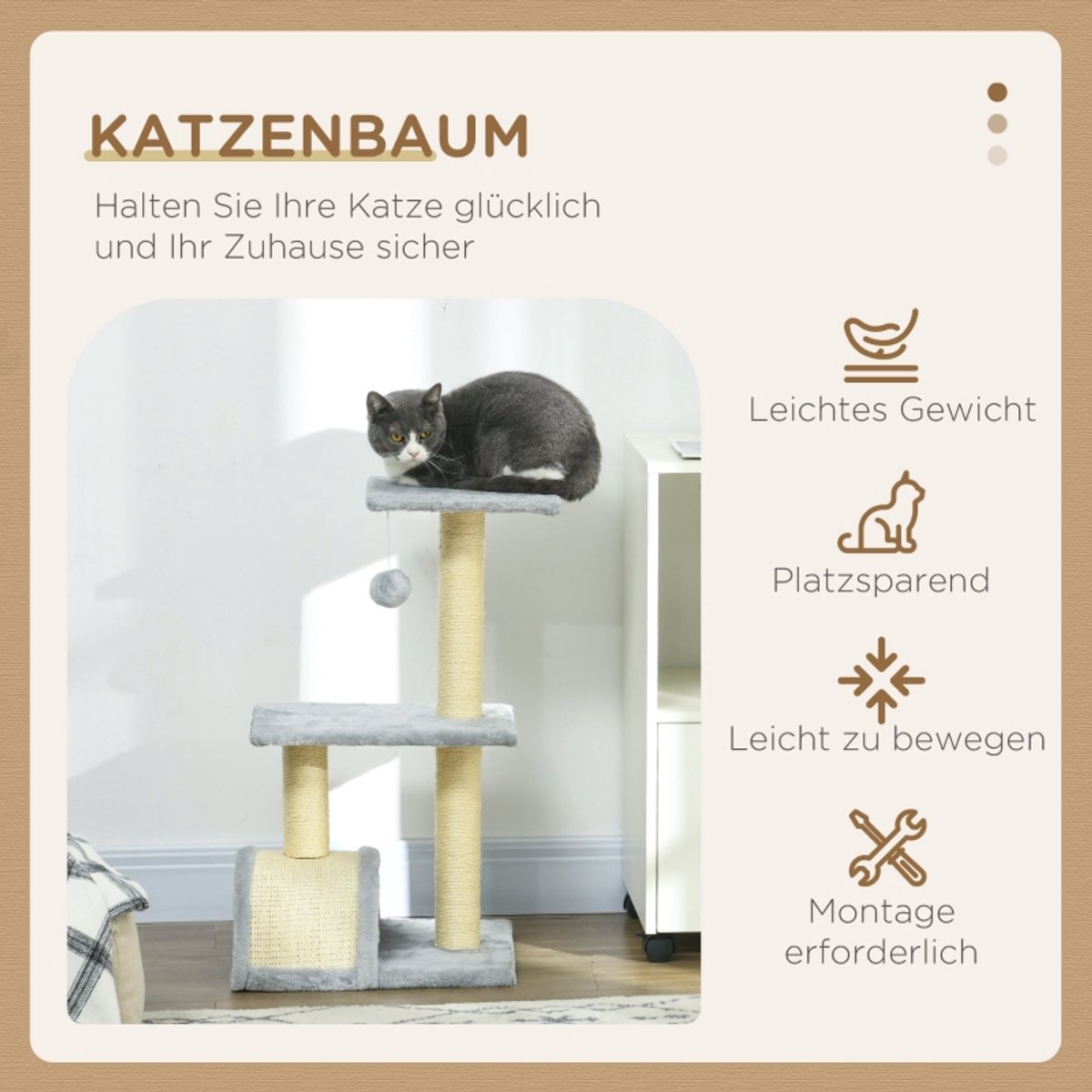 DESMIU Krabpaal – 72 Cm Meerlaags Ontwerp – 40 x 35 Cm – Polyester En MDF – Lichtgrijs – Met Platformen Krabmat En Hangende Bal