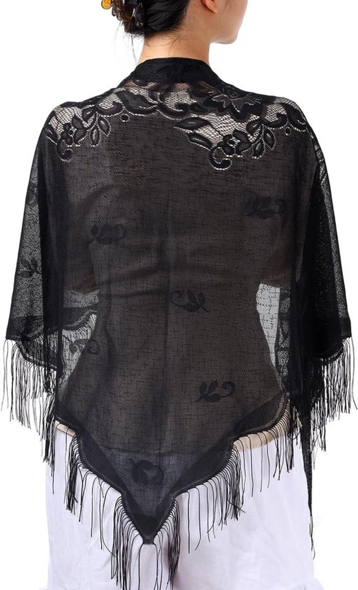 Sjaal Elegante Kanten - Driehoekige Mantilla - Bloemenprint - Kwastjes - 180 cm - Perfect voor Feestelijke Gelegenheden - Hoofddoek