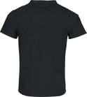 Achterkant van een effen zwarte T-shirt met korte mouwen.