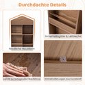 Details van de bruine houten boekenkast met huisvorm, rekken en wielen.