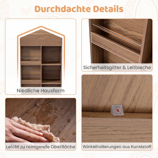 Details van de bruine houten boekenkast met huisvorm, rekken en wielen.
