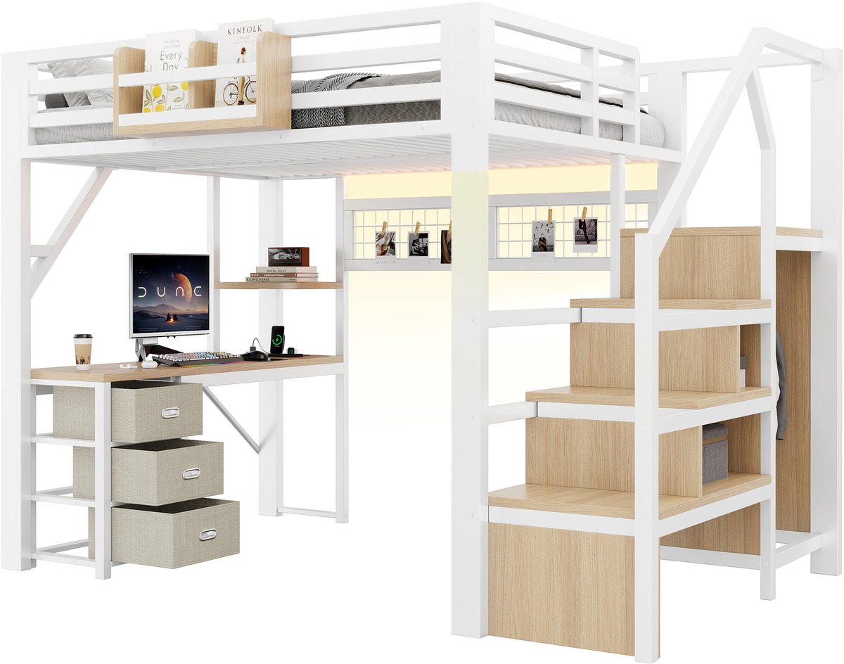 Sweiko Hoogslaper - 140 x 200 cm - Metalen frame - Met bureau - 3 lades - Opbergplanken - Kledingkast - LED-verlichting - Wit
