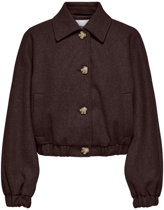 Bruine cropped bomberjack met knoopsluiting en beige knopen.