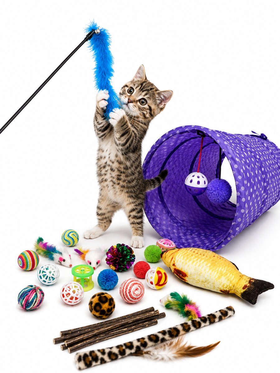 ZoeZo Kattenspeelgoed XL Set 28-delig - Incl Catnip - Kattenkruid Kattenspeeltjes met Tunnel, Speelmuizen, Ballen en Veren