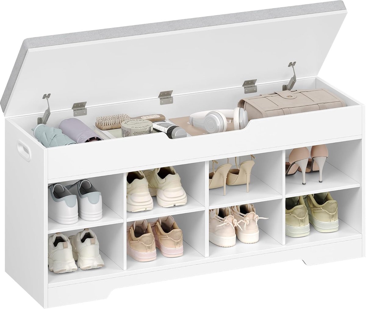 Hzuaneri Zitbank met opbergruimte, schoenenbank, 104 x 32 x 50 cm, linnen wit, Schoenenkast met zitting, 8 open vakken, vak onder zitkussen, voor hal, slaapkamer, entree
