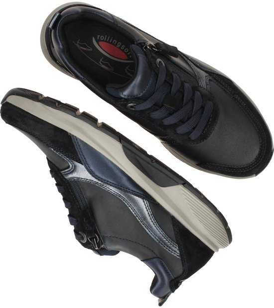 Bovenaanzicht van donkerblauwe Gabor Rollingsoft sneakers met veters en rits.