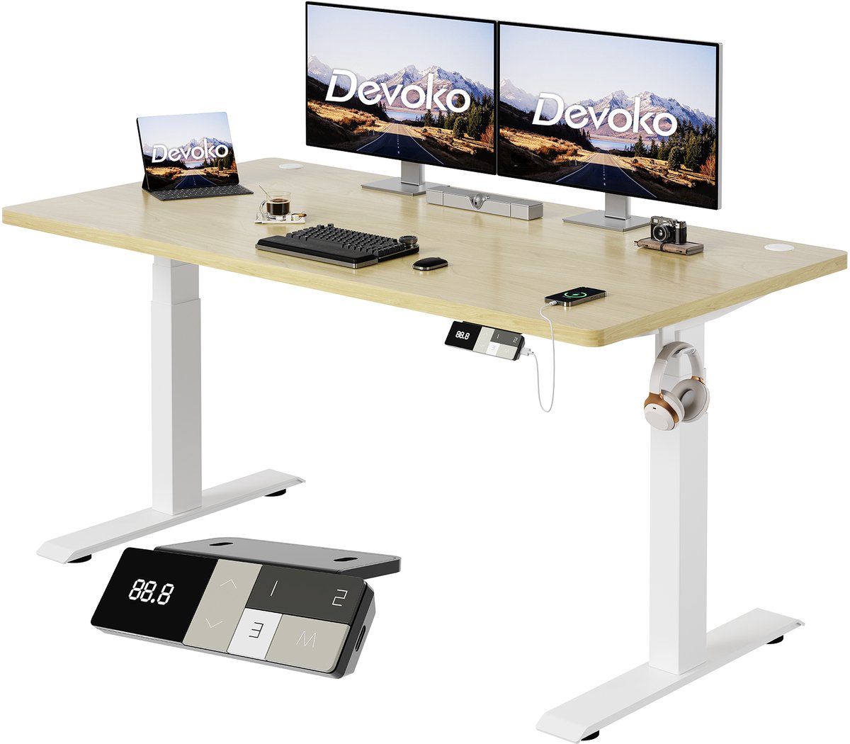 Devoko Elektrisch Zit-Sta Bureau 160x80 cm - Elektrisch Verstelbaar Bureau - In Hoogte Verstelbaar 63-128 cm - 25 mm FSC Tafelblad - Dubbele Motor - 125 kg - Wit/Beige