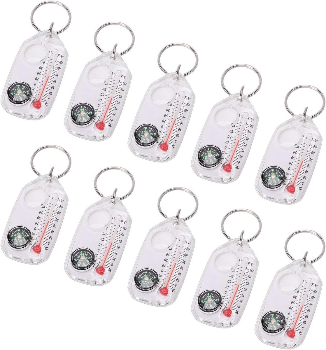 Wandelkompas Thermometer - Buitenmeter Sleutelhanger - Outdoor Navigatie - Geïntegreerd Kompas - 10 stuks - Wit