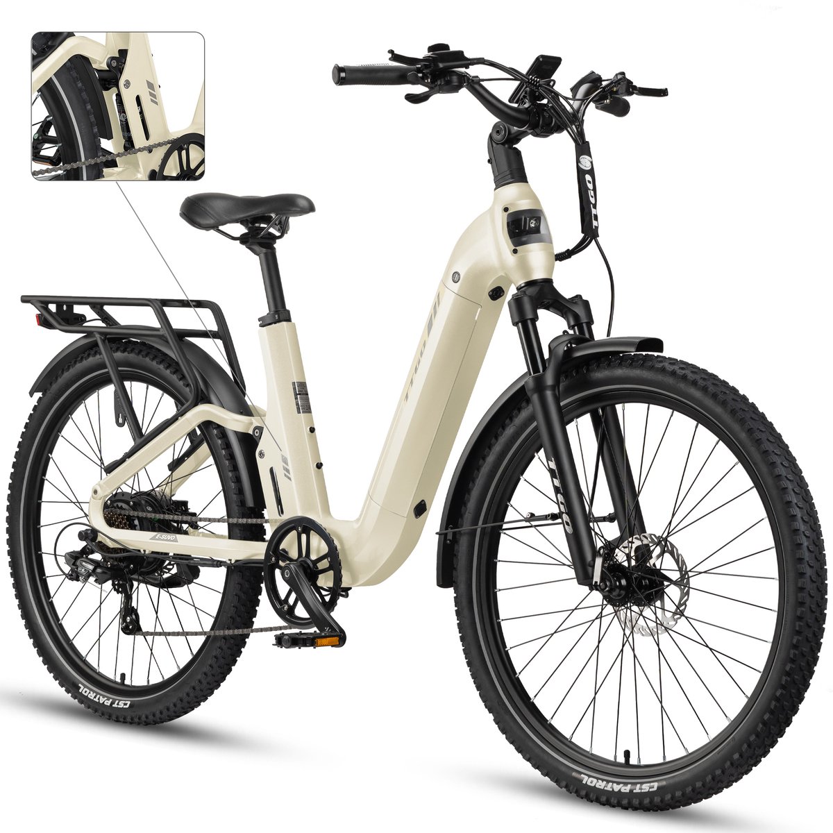 TTGO E-SUVO S6 - Full Suspension E-MTB 27,5 inch - 48V 15Ah Accu - Tot 120 km Actieradius - 70Nm Koppel - 250W Achterwielmotor - Hydraulische Schijfremmen - Shimano 7 Versnellingen - Beige