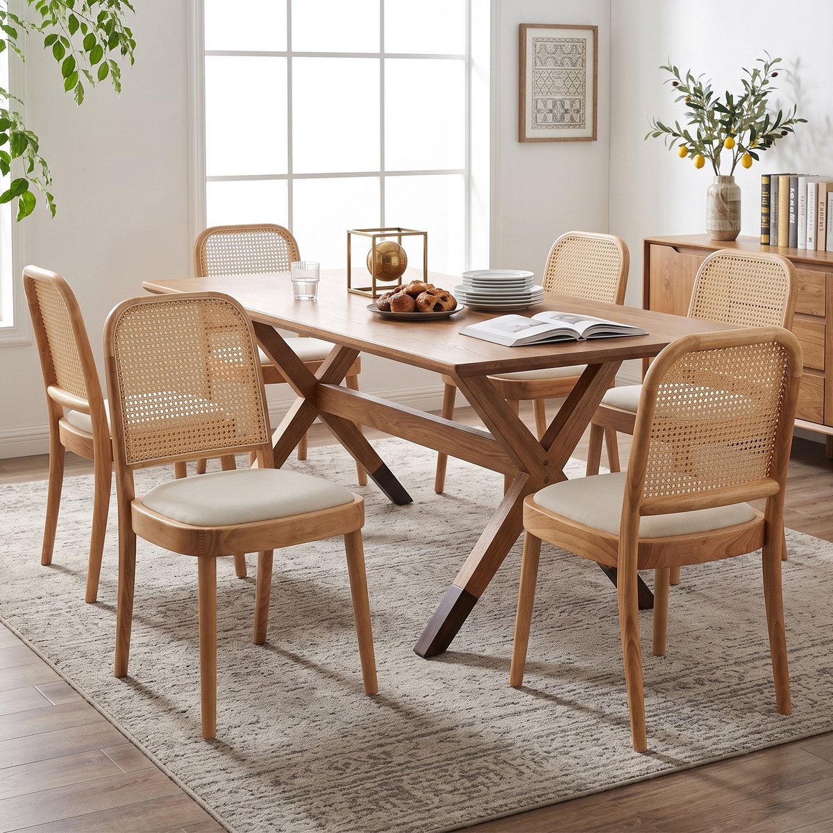 Clruro Eetkamerstoelen - 6 Stuks - Rotan Rug met Linnen Zitting - Massief Hout - Naturel