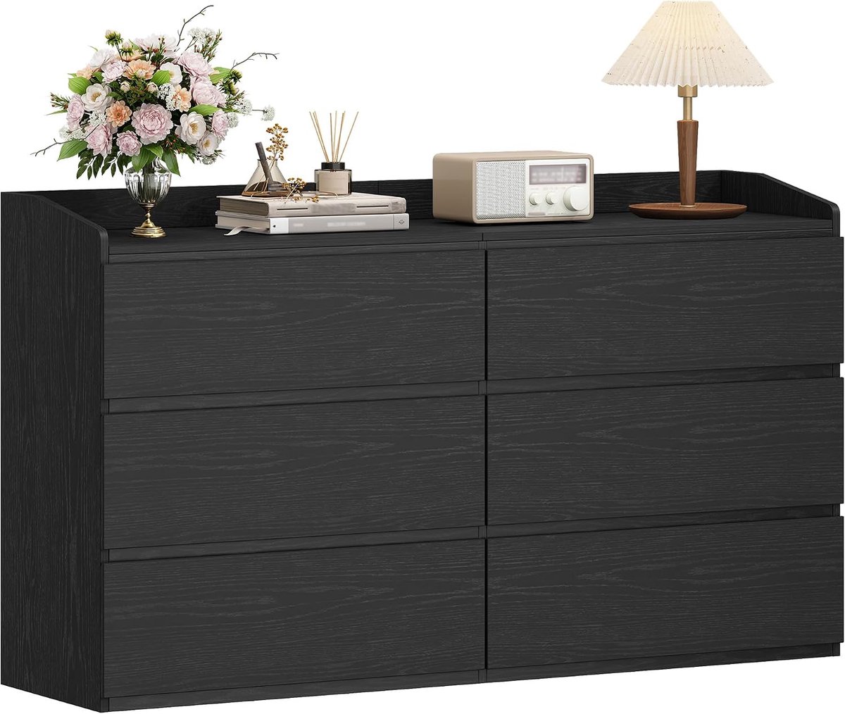 Hzuaneri ladekast met 6 lades, 40 x 138 x 84 cm, zwart, bijzettafel met werkblad, locker met bovenrail, moderne stijl, geschikt voor woonkamer en slaapkamer