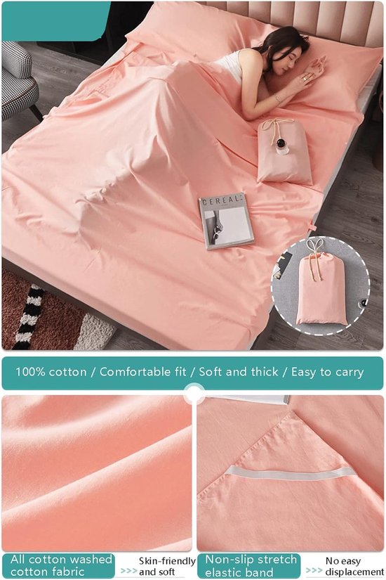 Slaapzak Liner - Reislaken - Reizen Kamperen - Ademend Katoen - 120x210cm - Roze — afbeelding 3