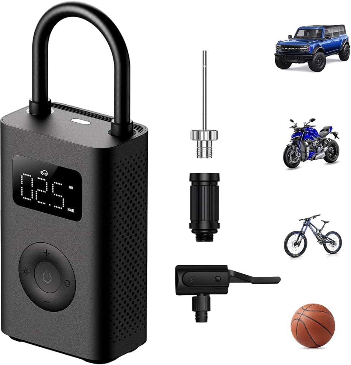 Elektrische luchtpomp 2, draagbare fietspomp met 2000 mAh accu, 150 psi, 10,3 bar, voor auto, fiets, motorfiets, bal, e-scooter