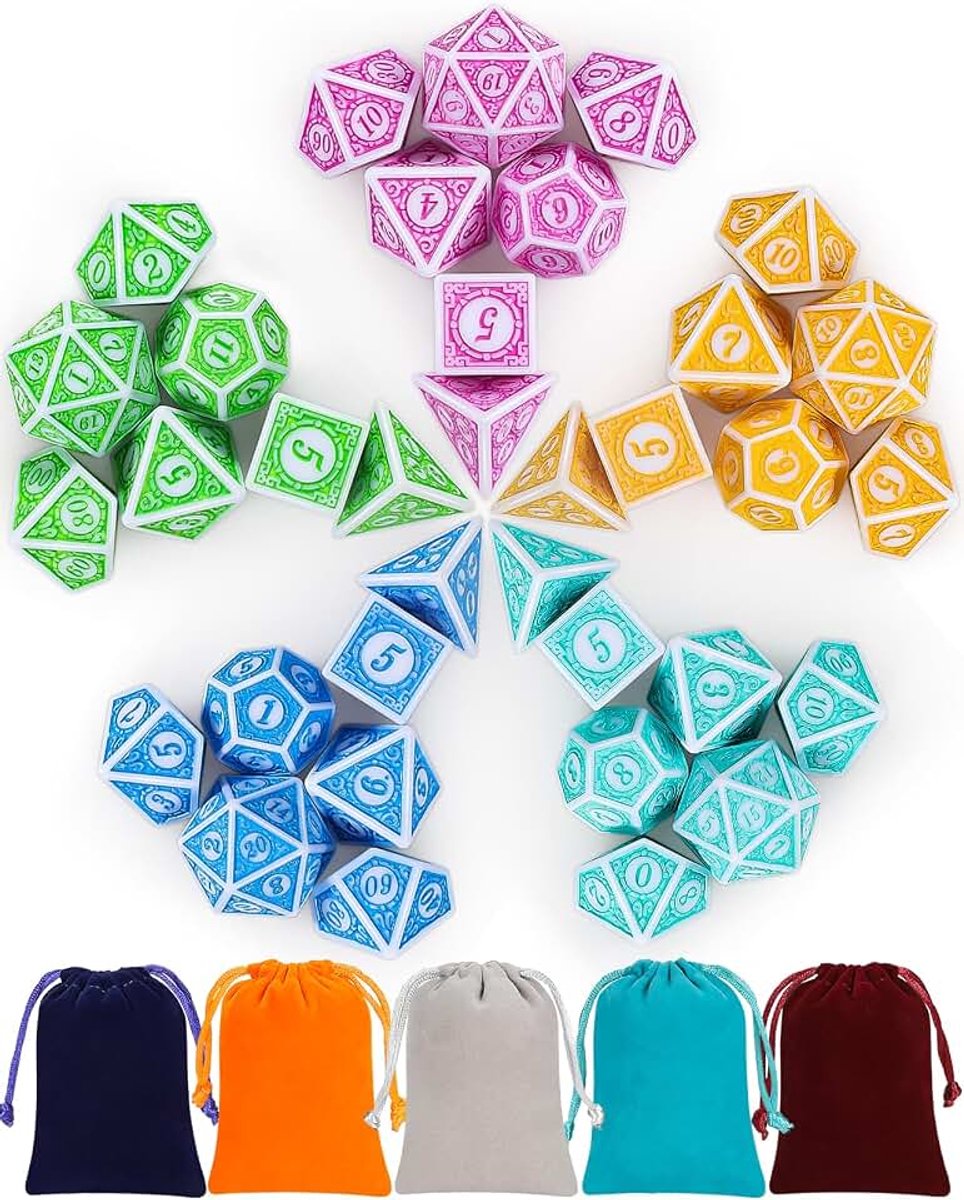 DND-dobbelstenen, set van 5 x 7 (35 stuks), vintage graveringsserie, polyedrische dobbelstenen, voor Dungeon en Dragons MTG-tafelspellen, RPG, DND, D4, D6, D8, D10, D%, D12, D20