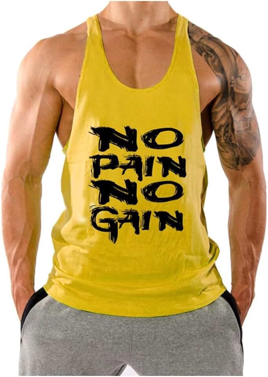 Heren No Pain No Gain Bodybuilding Tank Top Stringers Gym Fitness Sport Spiershirt Mouwloos T-shirt, geel, XXL