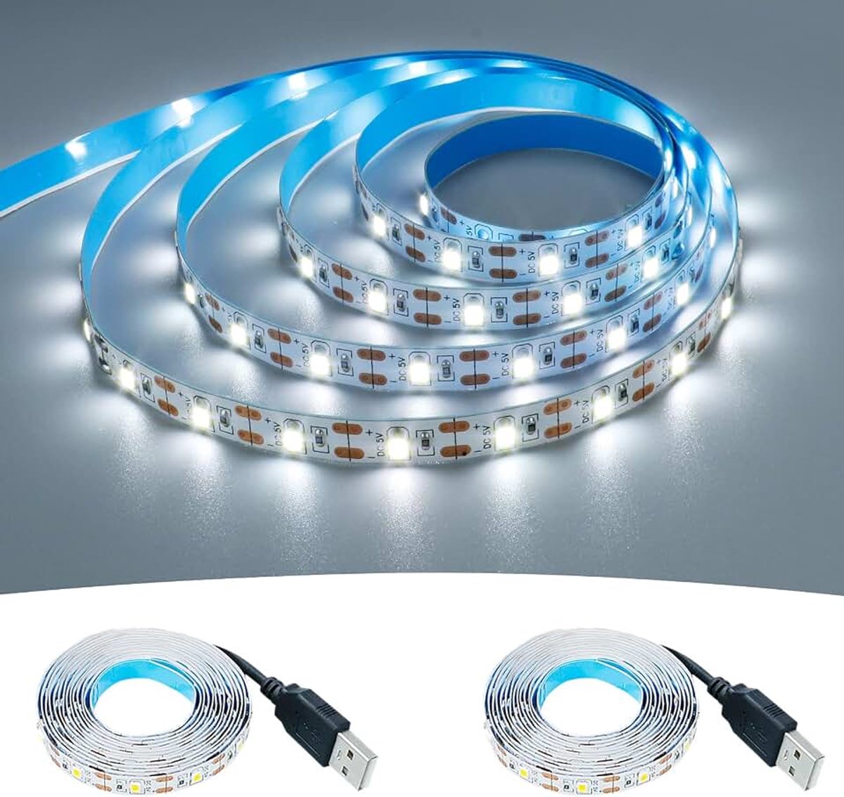 5V USB LED Strip Koel Wit 6000K USB-voeding 4M(2X2M) 240LED Flexibel IP20 Niet Waterdicht SMD2835 LED Tape Zelfklevend voor DIY Home Decor | Niet-waterdichte IP20 ledlampen voor doe-het-zelf kast, kast en meer