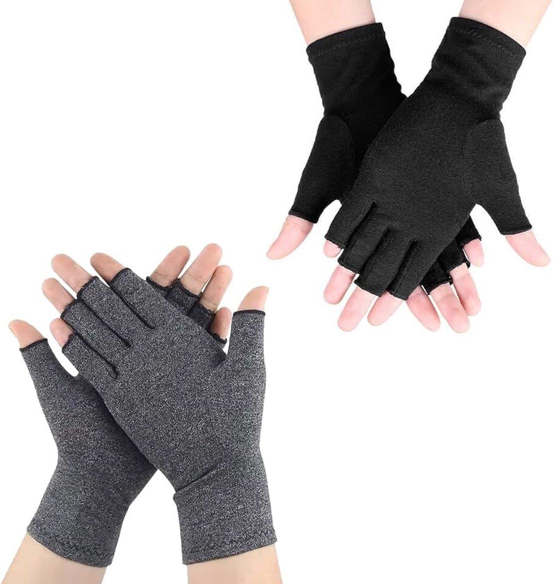 Handschoenen voor dames en heren, vingerloze handschoenen voor de handen, handbandage, compressiehandschoenen zonder vingers voor typen en dagelijks werk, grijs+zwart