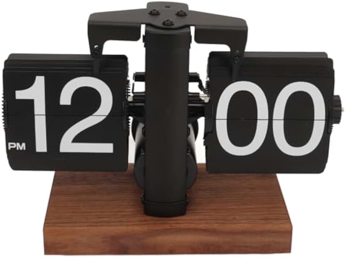 Flip Clock, Automatische Retro Klok 12 Uur Modern Digitaal Mechanisch met Houten Basis Retro Klok voor Thuis, Kantoor, Restaurant (BLACK)