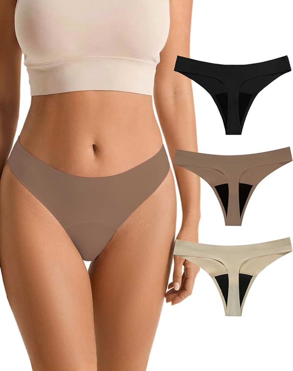 Damesonderbroek voor de menstruatiecyclus, naadloos tangaslipje, absorberend en wasbaar, beschermend ondergoed, 3 stuks