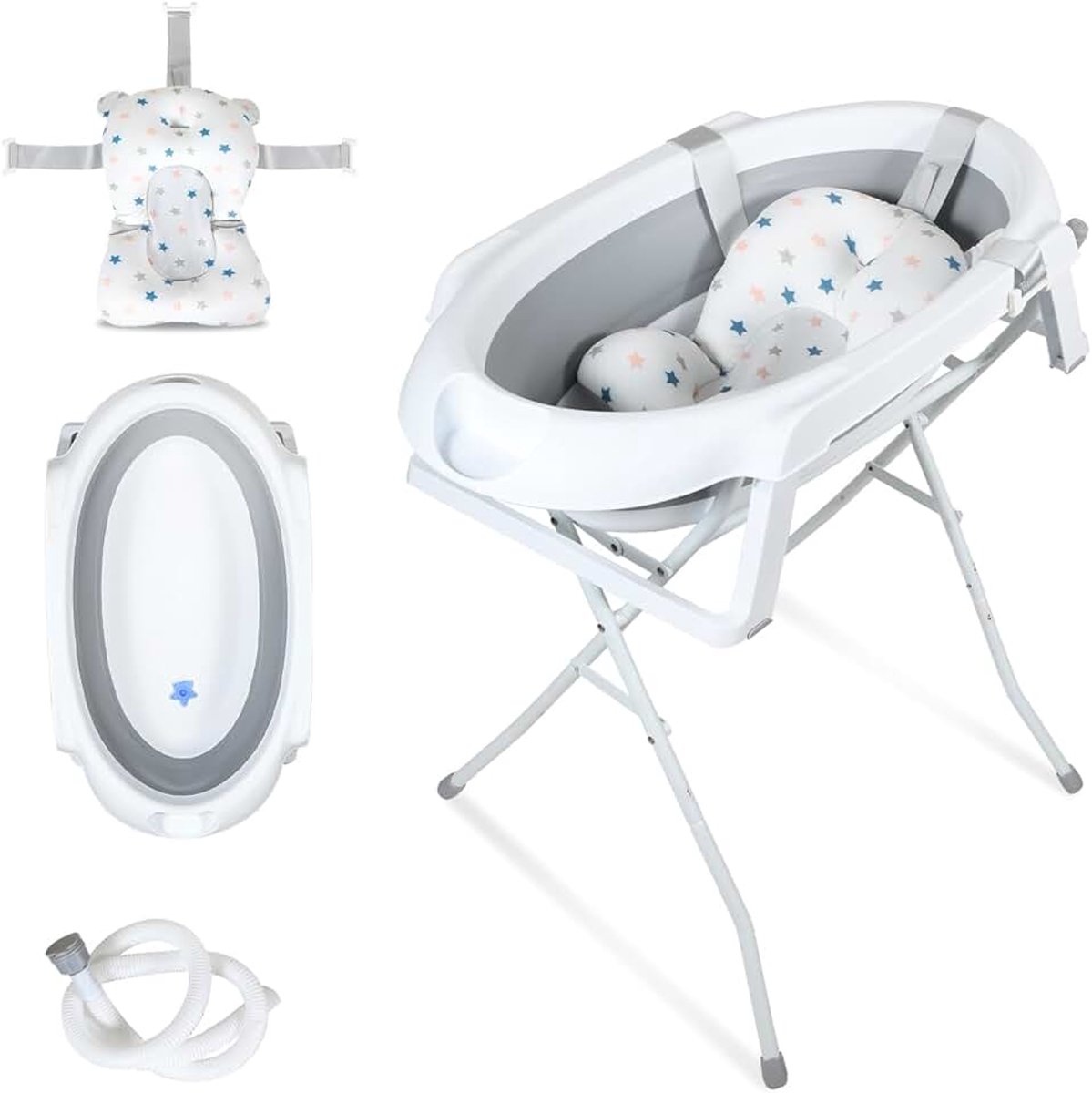 Babybad met onderstel, opvouwbare babybadkuip met antislipstandaard, babybad met badmat, badkuipinsert voor baby voor pasgeborenen en peuters, grijs