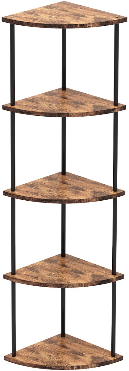 PIPIPOXER Hoekkast met 5 Lagen Hoekrek Opbergkast in Industriële Stijl 30 x 30 x 124 cm Staande kast voor Woonkamer Slaapkamer Keuken Woonkamer en Keuken Boekenkast en Plantenrek Verkoold hout + zwarte buis