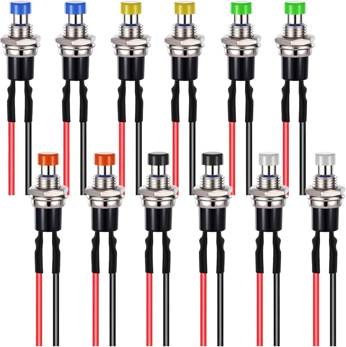12 stuks 7 mm voorbekabelde mini-momentan drukknop, 12 V, mini-knopschakelaar, 3 A, 220 V, SPST 2 pins, voorgesoldeerde drukknopschakelaar, ronde platte knop, drukknoppen, kleurrijk, voor
