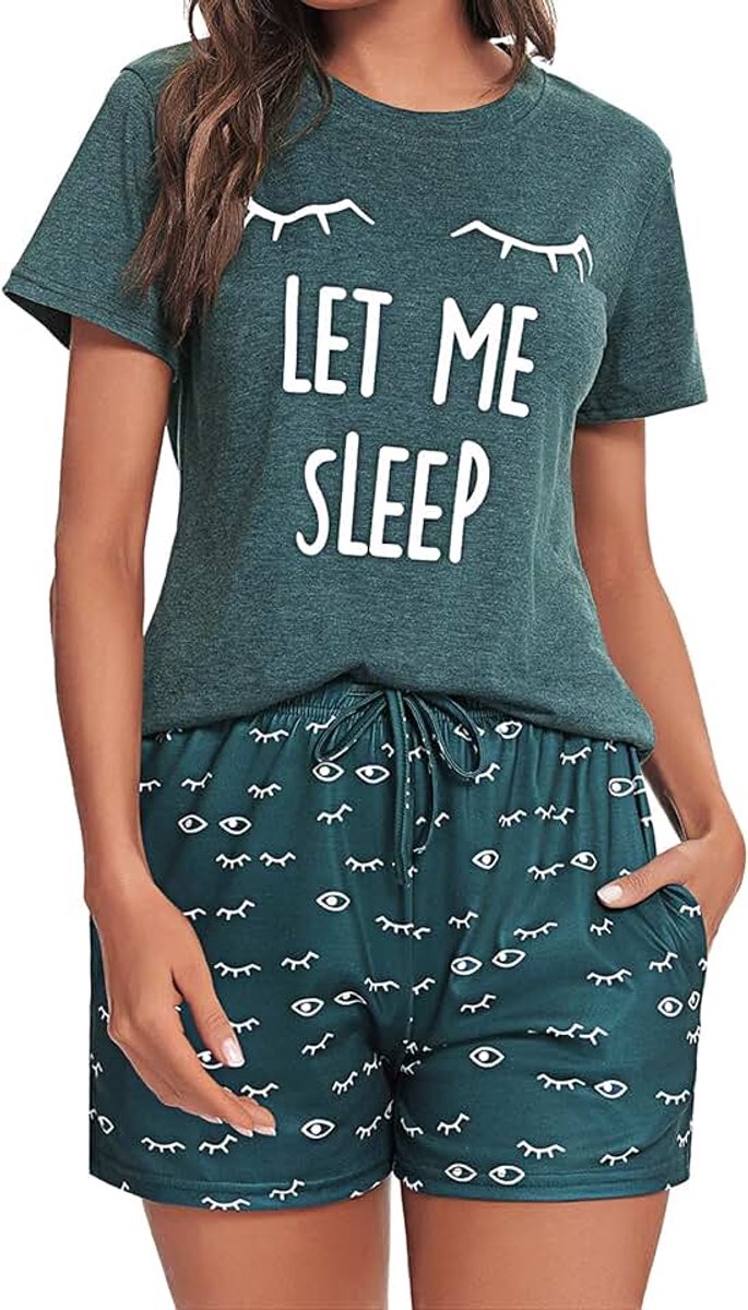 Damespyjama, kattenpyjama, korte pyjama, katoen, korte mouwen, bedrukt, ronde hals, voor vrije tijd