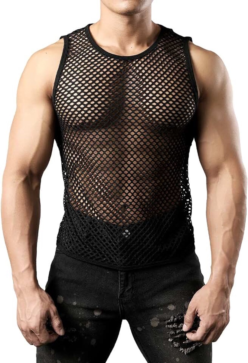 Heren spieren transparant shirts mouwloos mesh onderhemd, zwart, XL | Mesh-look, ademend, luchtig, mouwloos, mesh-tanktop, sportief, voor party, nachtclub, gym, festival, vrije tijd