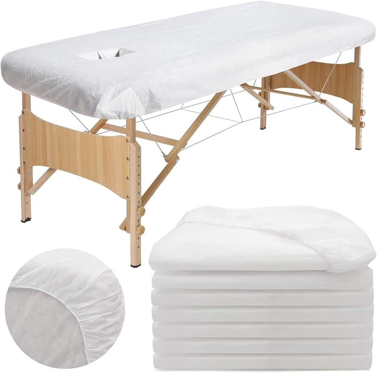 30 stuks wegwerphoeslakens met gat voor massagetafels, 90 x 215 cm, waterdicht, wegwerpspanhoes voor massagetafel, hygiënische lakens, hygiënische overtrek van vlies voor bedden en ligbedden
