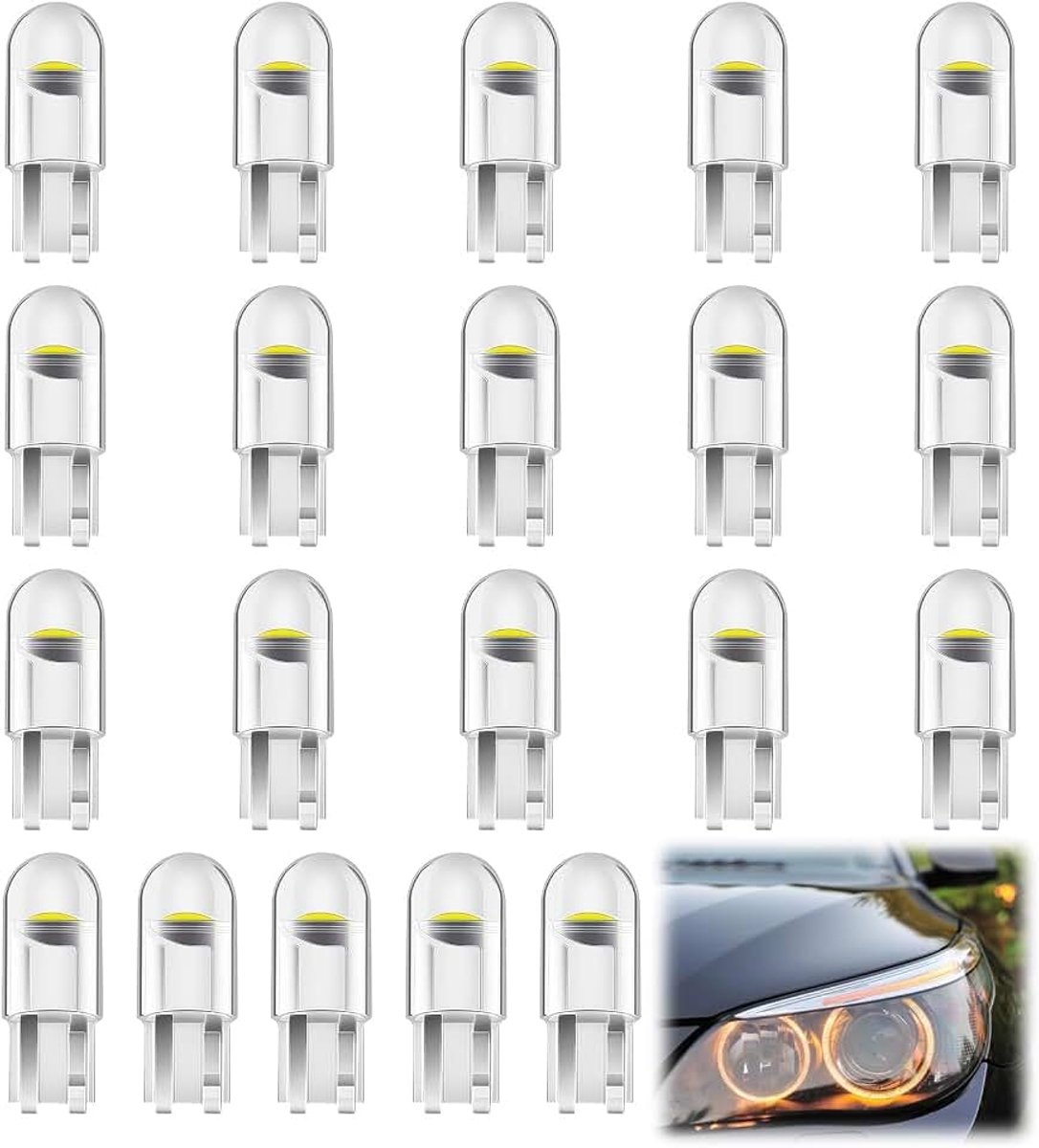 20 stuks T10 led-autolampen, W5W 12 V 6500 K binnenverlichting, vervanging nachtlampje, foutvrij, positielamp, anti-verblinding, wit, voor binnen en buiten