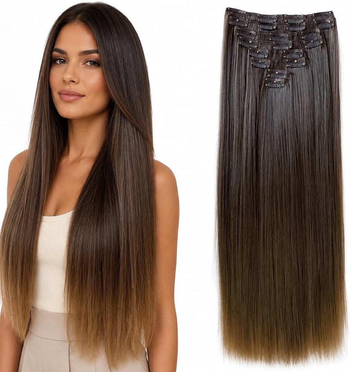 XXL 60cm 8 Delige Set Clip In Extensions Haarextensies Haarstukje Glad Bruin Mix CES18