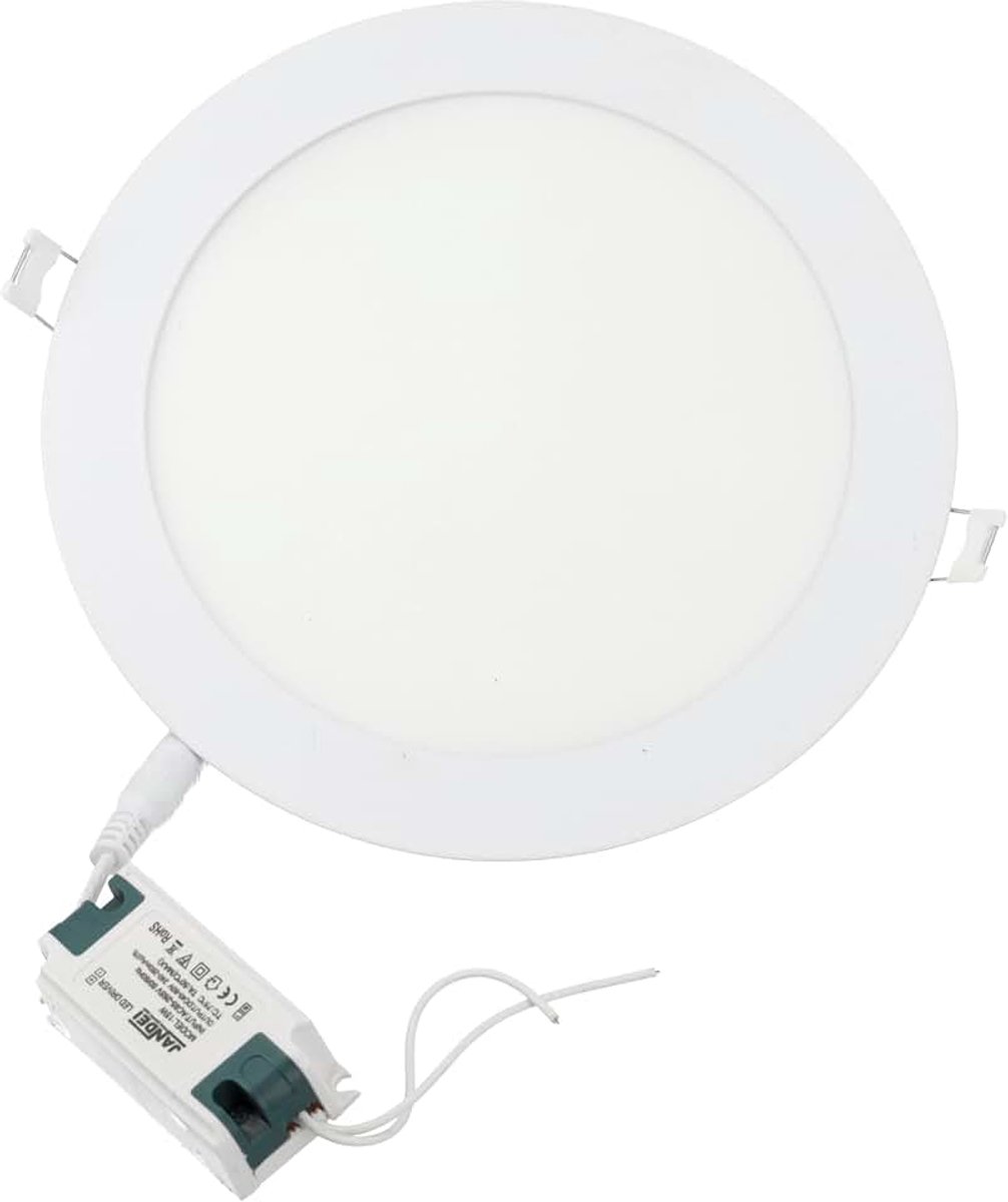 LED-inbouwlamp, 15 W, 1200 lumen, ronde vorm, inbouwgat Ø 175 - Ø 185 mm, extra plat 17 mm diepte, lichtkleur neutraal wit 4200 K, transformator inbegrepen